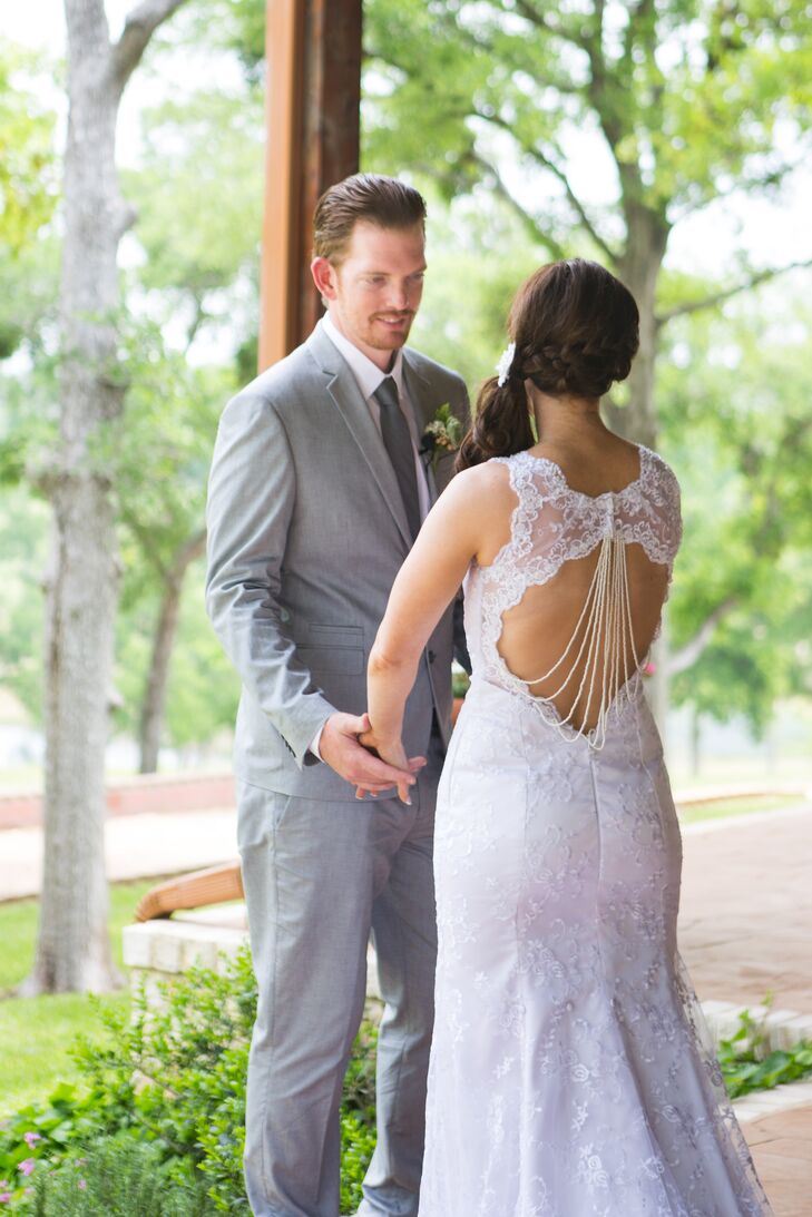 Open-Back Pearl-Draped Wedding Dress