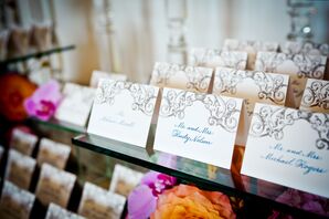 Gold and Teal Calligraphed Tented Escort Cards