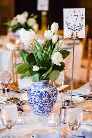 White Tulips in Blue Chinoiserie Vase