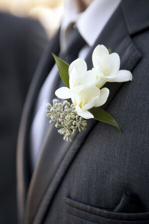 White Freesia and Seeded Eucalyptus Boutonniere