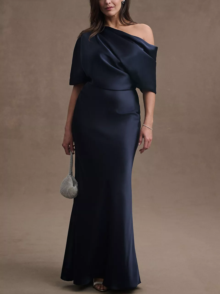 Navy satin mother-of-the-bride dress from Amsale
