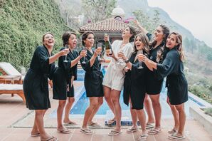 Bridesmaids with Black Robes and Champagne