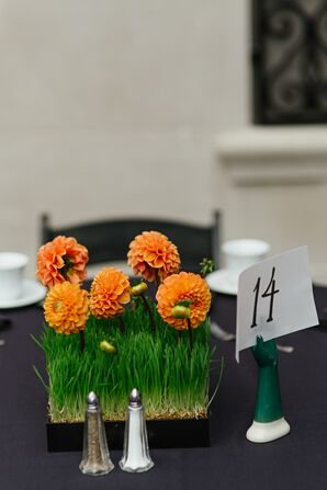 Orange Dahlia and Wheatgrass Centerpieces