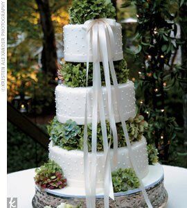 Decorated with more hydrangeas and satin ribbons, the enormous cake had three-tiers and white fondant.