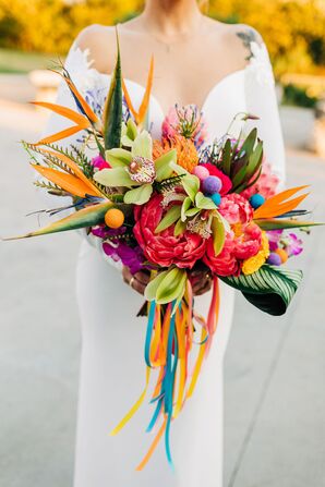 Colorful Bouquet With Birds of Paradise, Orchids, Craspedia and Peonies