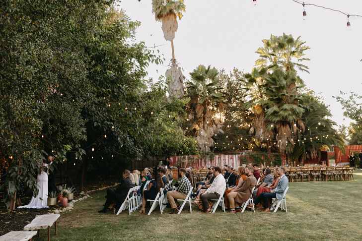 Small Ceremony on Motel Lawn Under String Lights, Casual Desert Wedding