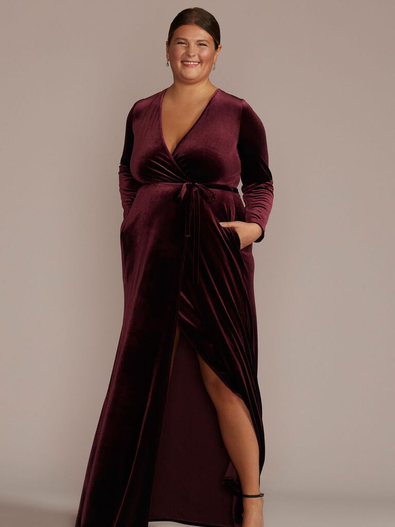 David's Bridal deep red velvet bridesmaid dress for winter weddings