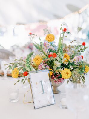 Framed Table Number and Arrangement of Bright, Colorful Wildflowers