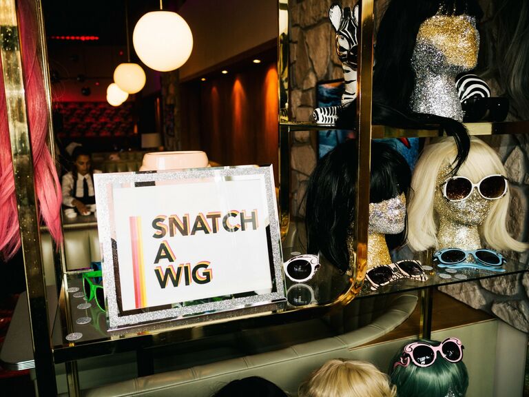 Retro wig station, wedding photo booth idea. 