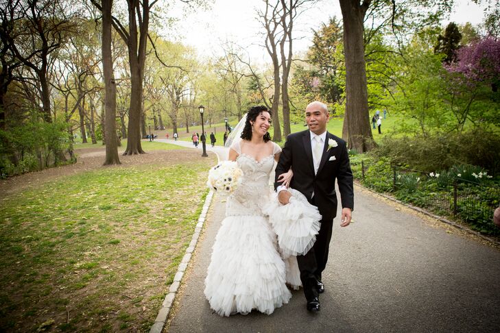 Marielle's dress was a custom classic, yet modern design by Lazaro. One the day of Marielle's appointment at Kleinfeld's, Lazaro was having a trunk show. One of her sister's was with her and chose the dress as soon as they walked in.  When Marielle tried it on, Lazaro came over and asked if she liked the dress. She expressed she did not want to wear a strapless dress for her wedding, so Lazaro made some quick alterations and even sent her a sketch of her customized wedding dress!