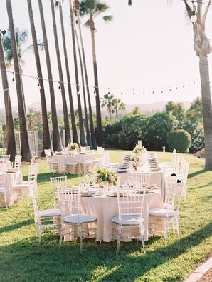 Outdoor Wedding Reception With Clear Chiavari Chairs and Blush Linens
