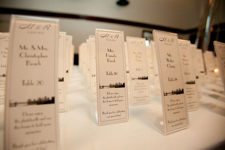 As nod to their wedding's locale, Marielle and Roderick incorporated the Manhattan skyline into the design of their escort cards. The escort cards also doubled as favors, the frames could be used to hold photos guests took at the reception's photo booth.