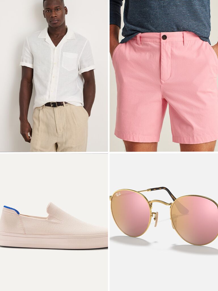 A collage of four images: a white shirt, pink shorts, pink sunglasses, and cream slip-on shoes