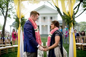 Couple Under Yellow Mandap at Farm Wedding