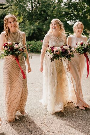 Sparkly Bridesmaids Dresses and Ribbon-Clad Bouquets