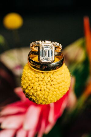 Emerald-Cut Diamond Engagement Ring on Yellow Craspedia Flower