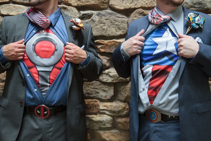 Justin and his best man wore superhero shirts underneath their menswear on the wedding day.