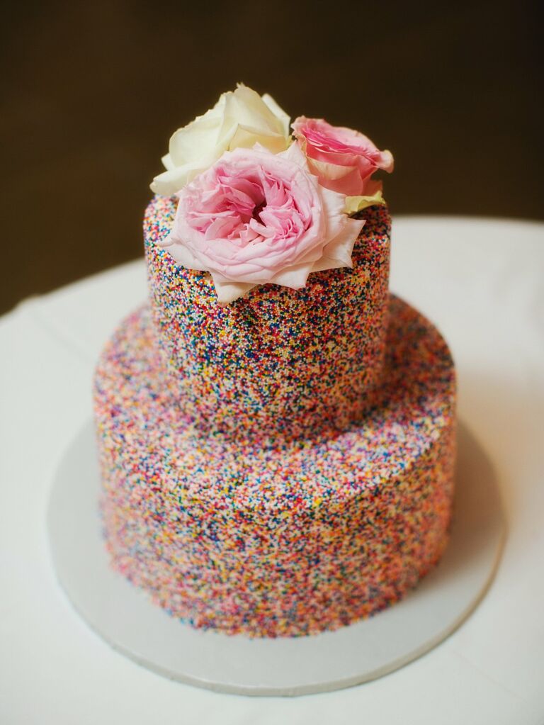 Sprinkle-covered bridal shower cake. 