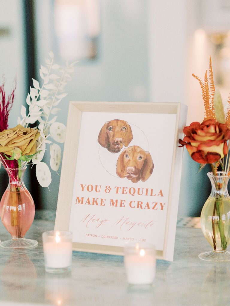 Custom wedding reception signature drink sign with dog's faces