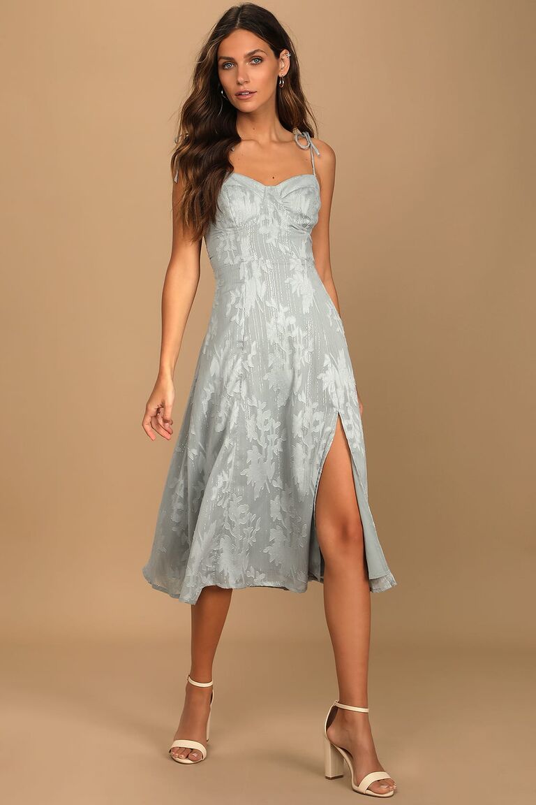 Pastel blue gown with a floral print. 