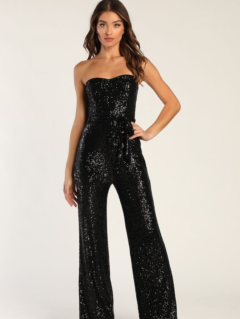Black strapless sequin jumpsuit. 