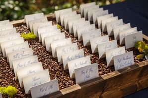 White Escort Cards With Blue Script