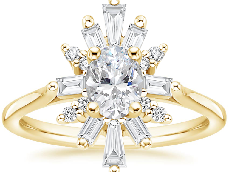 Baguette diamond halo around round center diamond on gold band