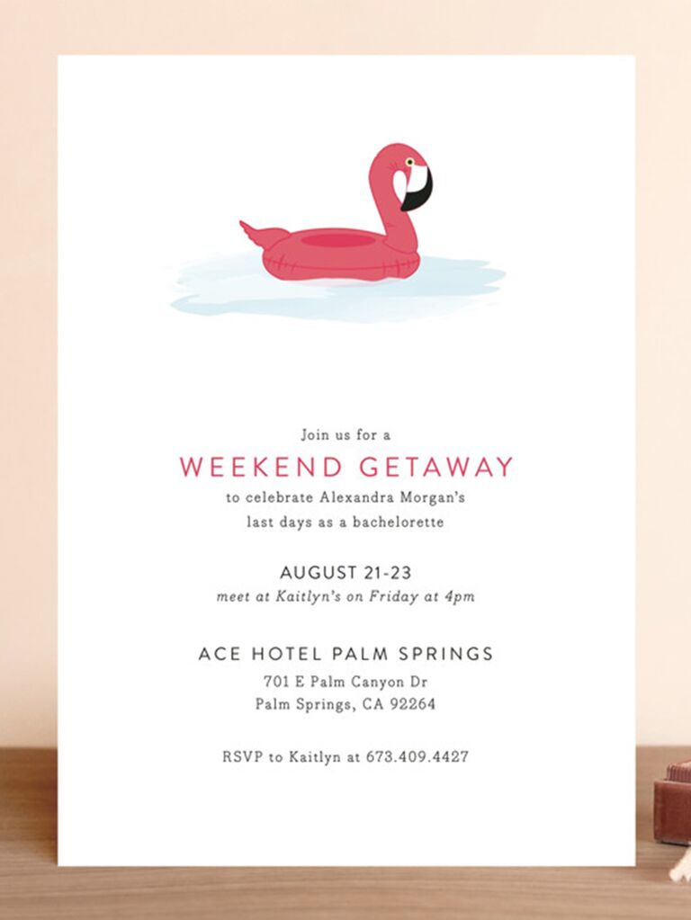 Flamingo graphic and 'Weekend Getaway' in pink type on white background