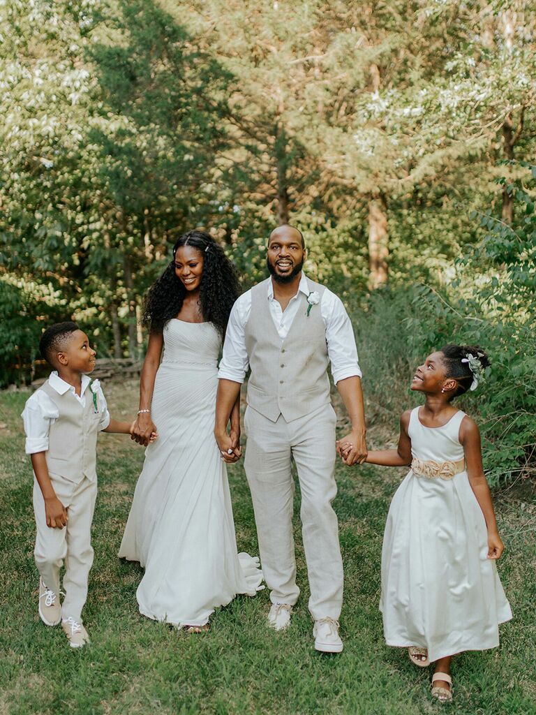 all white wedding party family