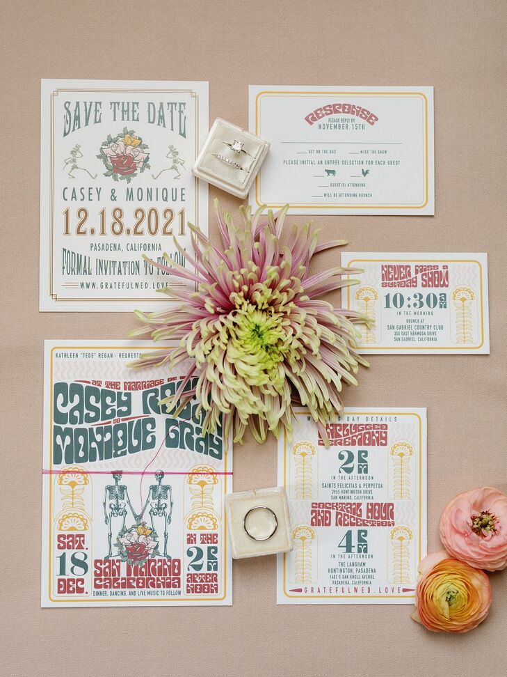 A retro, 1960s-inspired invitation suite featuring bright colors and elements inspired by the couple's favorite band, the Grateful Dead.