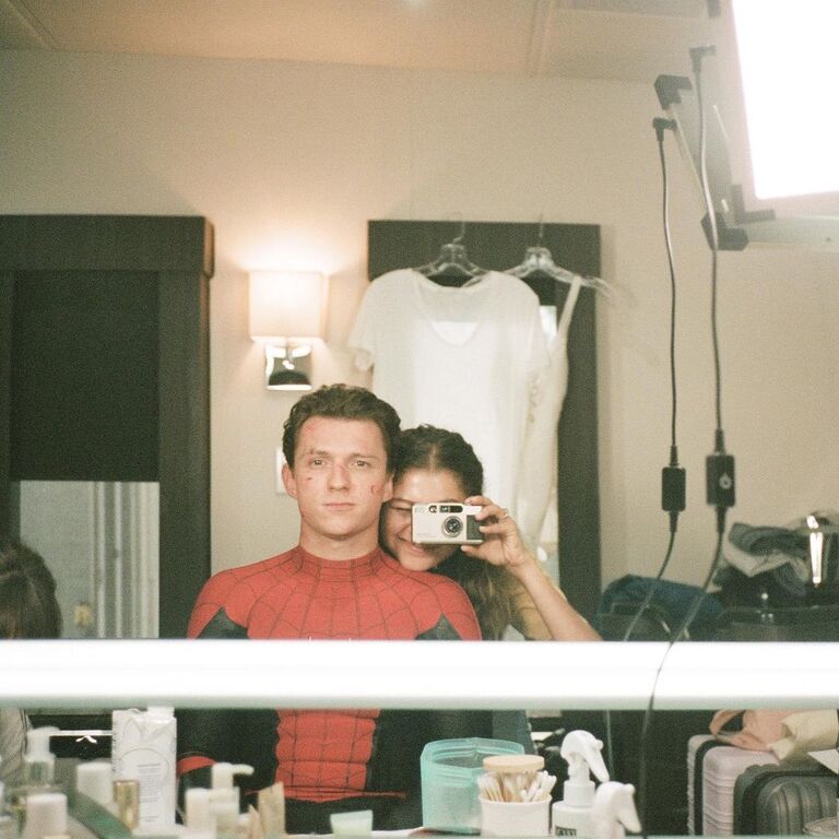 Selfie of Tom and Zendaya taken in a Spiderman dressing room. 