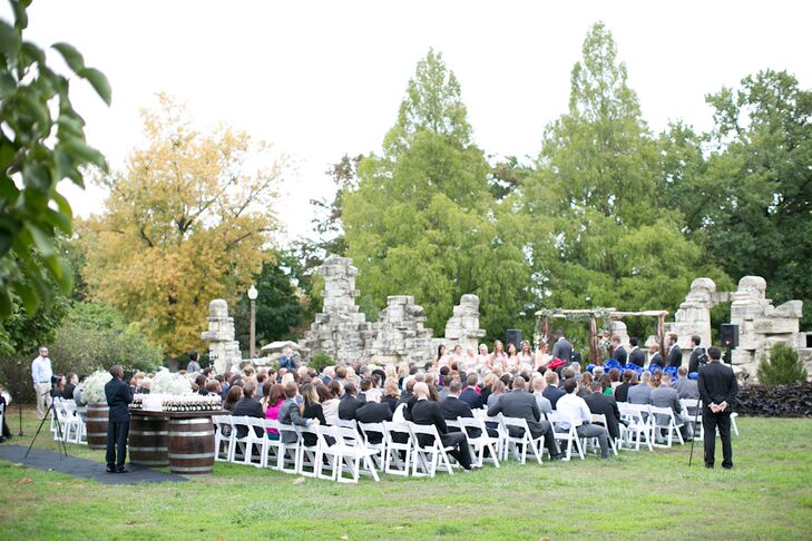 Jessica and Bassey always envisioned an outdoor location when they thought about their wedding, and the Ruins in Tower Grove Park in St. Louis, Missouri, was perfect. “When we saw it, we knew it was perfect for the romantic and bohemian look we wanted for our wedding day,” Jessica says of the reclaimed limestone structures stacked to look like ruins.