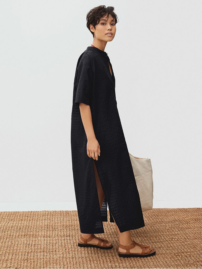 Black caftan midi dress with sleeves and two side slits