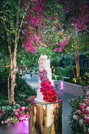 Glam Four-Tier Wedding Cake With Cascade of Ombre Roses