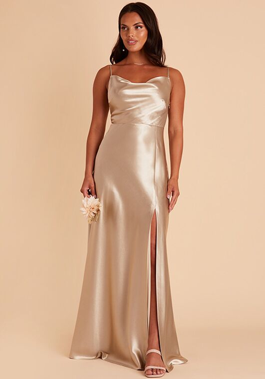 Birdy Grey Lisa Long Shiny Satin Dress in Neutral Champagne Scoop Bridesmaid Dress - 5