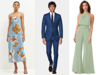 Collage of three backyard wedding attire outfits