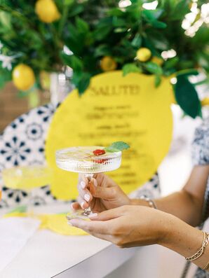 Cocktail in a Coupe Glass With Mint-and-Raspberry Garnish at Italian Rehearsal Dinner