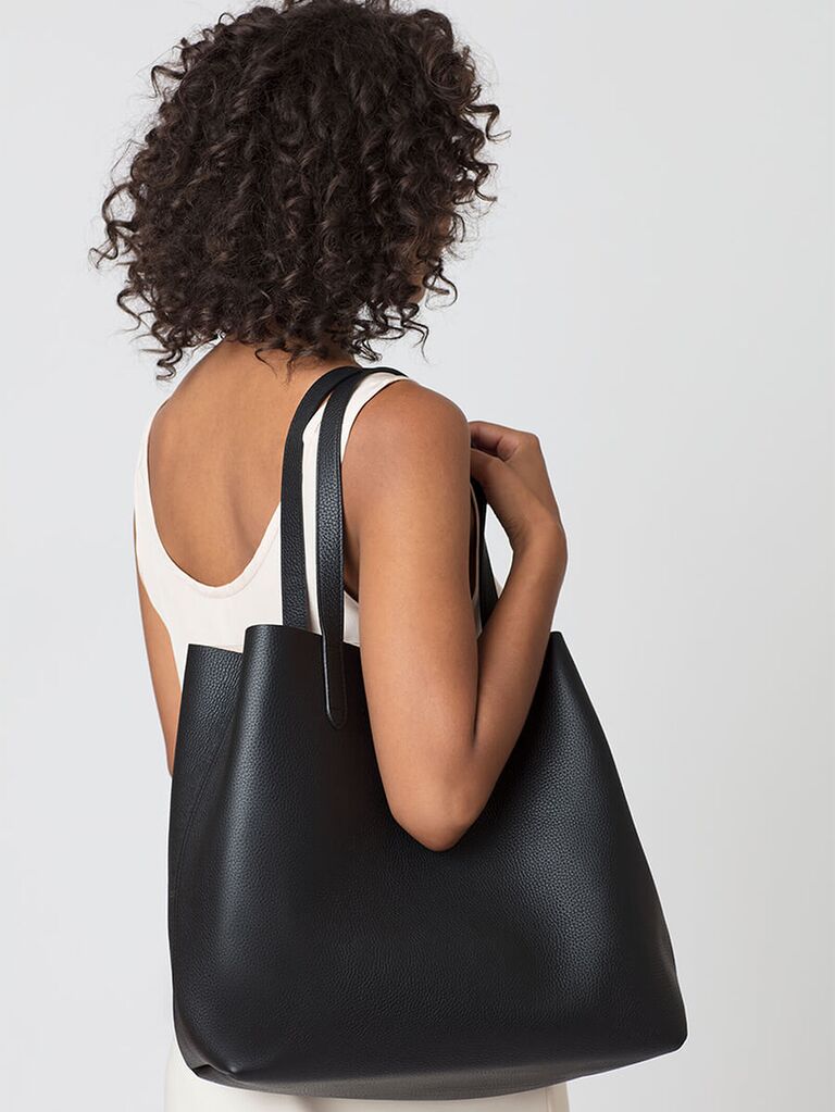 Black oversized leather tote bag