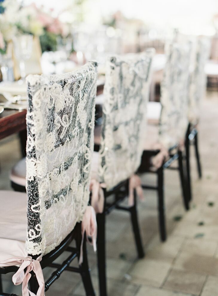 Lace Chiavari Chair Covers with Pink Ribbon
