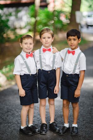 Ring Bearers in Suspenders and Coral Bow Ties