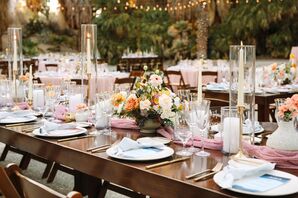 Reception Decor With Wood Farm Tables, Mauve Table Runner and Taper Candles