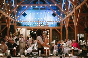 First Dance in Barn Under String Lights
