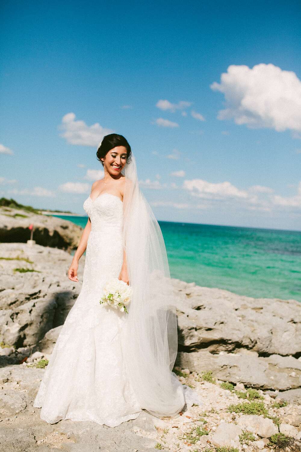 Classic Lace Wedding Dress with Cathedral Veil in Tulum, Mexico