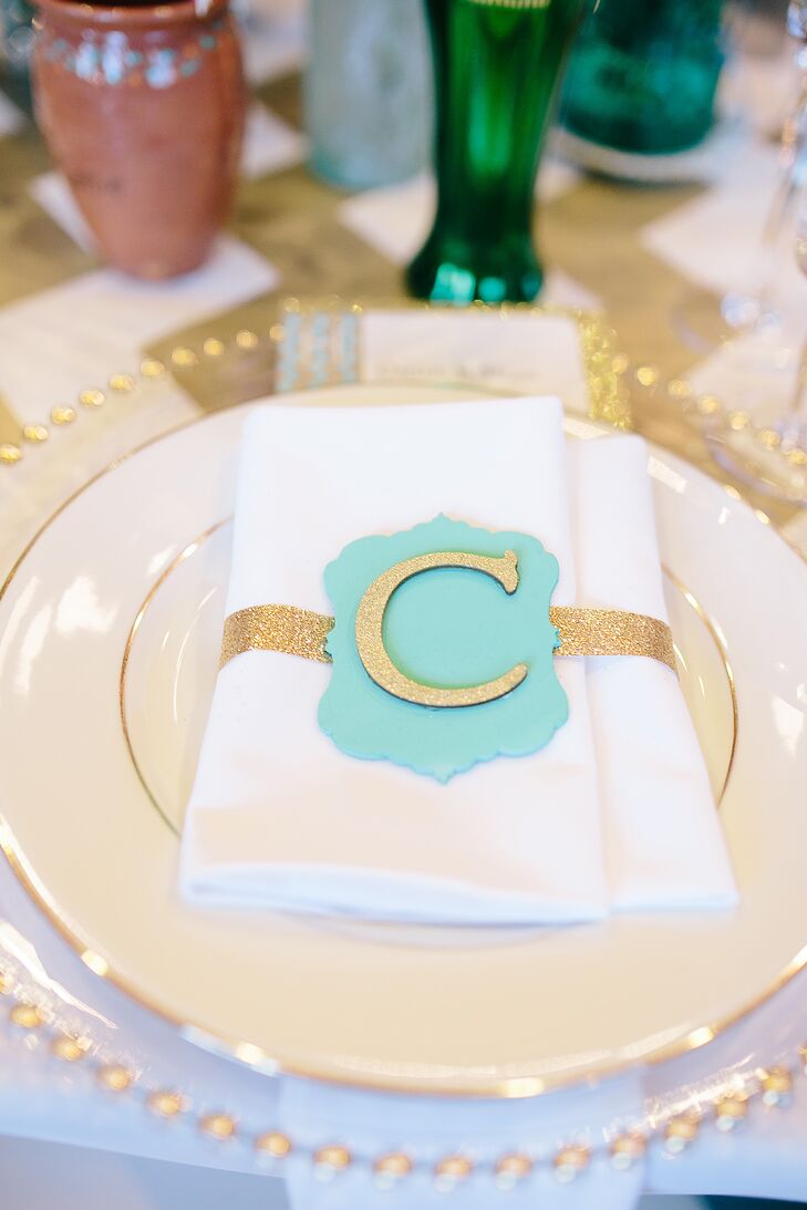 White and Gold Place Settings with Turquoise Monogram