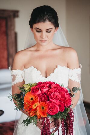 Classic Bride with Colorful Bouquet of Daisies and Roses