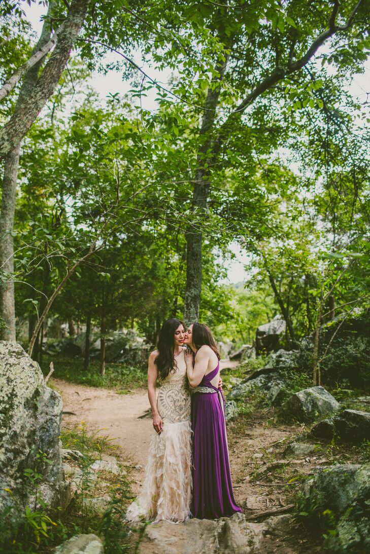 “Neither of us were obsessed with traditional white and decided that for contrast, we would choose bridal gowns that look good together, but weren't too bridal”, Kimberly says of her champagne Sue Wong dress and Ginny's purple Two Birds gown.