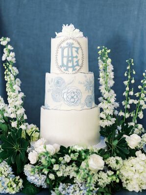 Three-Tier, White-and-Blue, Chinoiserie Themed Wedding Cake With Logo