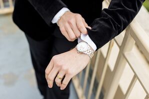 A Groom's Black Velvet Jacket, Stylish Watch and Wedding Band