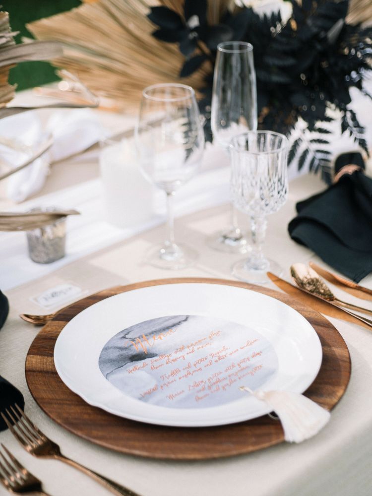 modern place setting with marble-inspired menu card