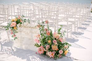 Floral Aisle Arrangement and Welcome Sign at Beach Wedding